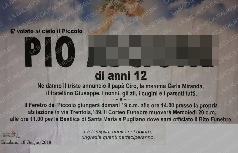 Lutto nel Napoletano, Ercolano piange il piccolo Pio morto a 12 anni