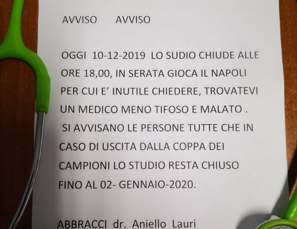 Medico tifoso del Napoli: "Lo studio chiude alle 18 gioca il Napoli, se perdiamo ci vediamo a gennaio"