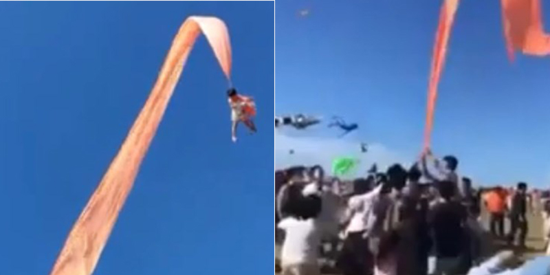 Bimba resta incastrata in un aquilone e vola nel vuoto, terrore a un festival