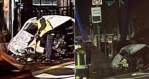 Auto in fiamme dopo l'incidente in autostrada