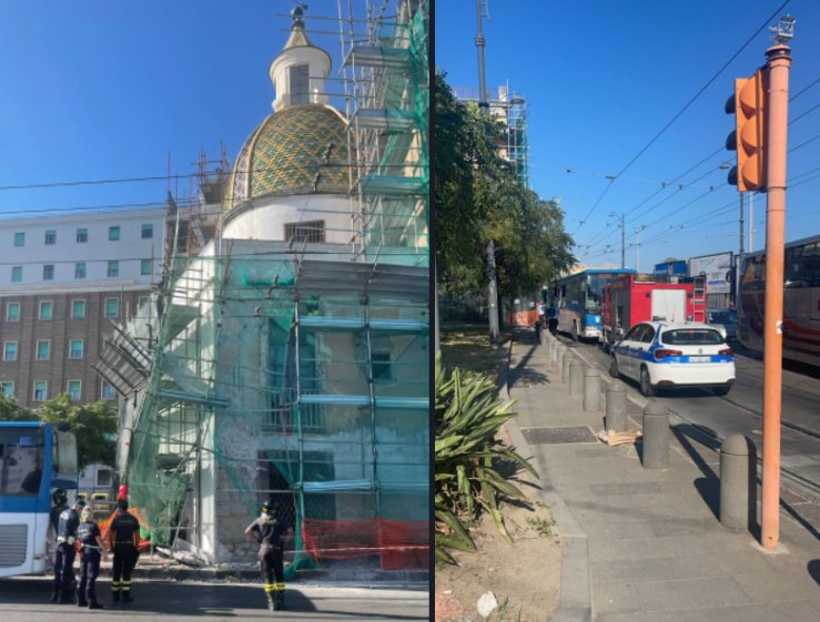 Bus urta impalcatura a Napoli e l'intero ponteggio crolla sopra una chiesa