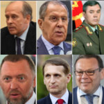Da sinistra: Vladimir Putin, Generale Valerij Vasil’evič Gerasimov, il capo dei servizi Segreti Aleksandr Bortnikov, ministro degli Esteri Sergej Lavrov, ministro della Difesa Sergej Šojgu. Gli oligarchi, proseguendo da sinistra: Alisher Usmanov, Yuri Kovalchuk, Gennady Timchenko, Roman Abramovich, Oleg Deripaska, Mikhail Fridman, Sergej Naryškin (capo dei servizi di intelligence), Viktor Vekselberg, Mikhail Prokhorov