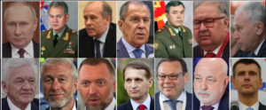 Da sinistra: Vladimir Putin, Generale Valerij Vasil’evič Gerasimov, il capo dei servizi Segreti Aleksandr Bortnikov, ministro degli Esteri Sergej Lavrov, ministro della Difesa Sergej Šojgu. Gli oligarchi, proseguendo da sinistra: Alisher Usmanov, Yuri Kovalchuk, Gennady Timchenko, Roman Abramovich, Oleg Deripaska, Mikhail Fridman, Sergej Naryškin (capo dei servizi di intelligence), Viktor Vekselberg, Mikhail Prokhorov