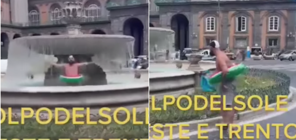 Fa il bagno nella fontana di piazza Trieste e Trento