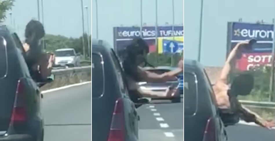 Fa un video fuori dal finestrino con l'auto in corsa