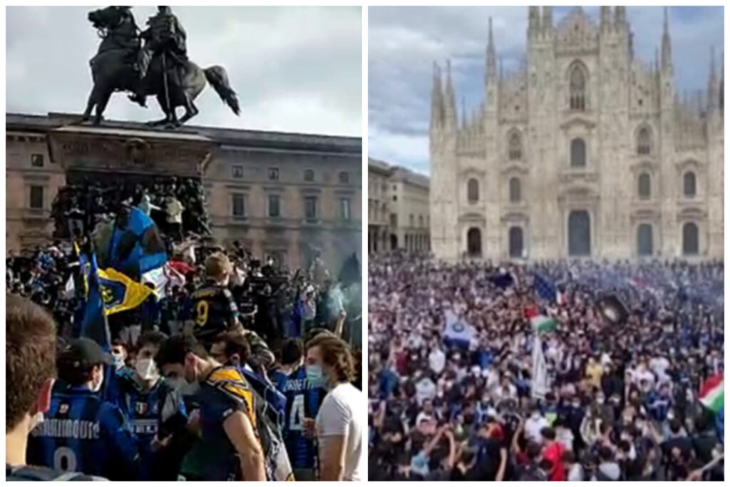 L’Inter vince lo scudetto e i tifosi si riversano in strada: assembramenti in piazza Duomo a Milano