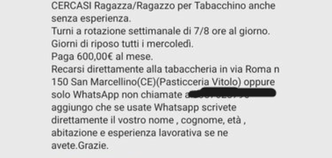 Offerta di lavoro in tabaccheria