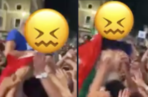 Tifosa mostra il seno durante i festeggiamenti dopo Italia - Spagna e tutti la toccano