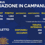 In Campania, nelle ultime 24 ore, si sono registrati 1.263 positivi al Coronavirus, 1.097 guariti e 36 decessi, di cui 11 nelle ultime 48 ore e 25 deceduti in precedenza, ma registrati ieri. Gli asintomatici sono 1.173 e i sintomatici 90. A comunicarlo l'Unità di crisi regionale. Il totale dei contagi da Covid-19, da inizio pandemia, sale a 198.518, i morti sono 3.115 e le guarigioni 120.127. I tamponi processati complessivamente 2.132.355 di cui 14.714 eseguiti ieri. Il report posti letto su base regionale riporta 656 posti letto di terapia intensiva disponibili, di cui 107 occupati mentre i posti letto di degenza disponibili, tra posti letto Covid e offerta privata 3.160, di cui 1.376 occupati.