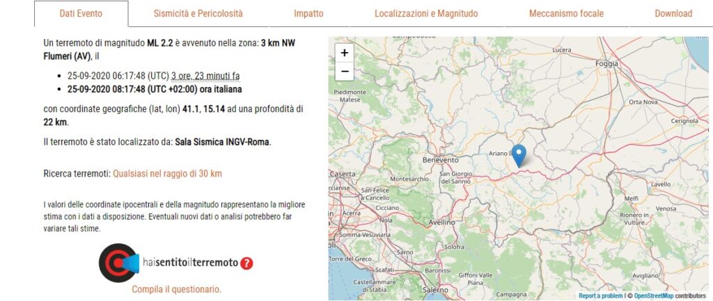 Scossa di terremoto a Flumeri, trema la provincia di Avellino