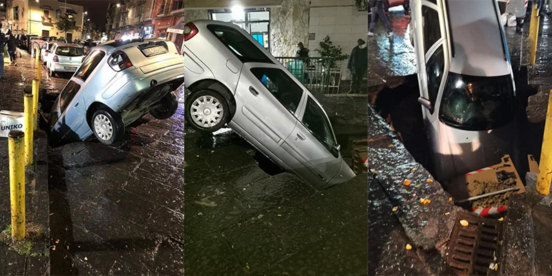 Si apre maxi voragine a Secondigliano, auto inghiottita in via Cassano