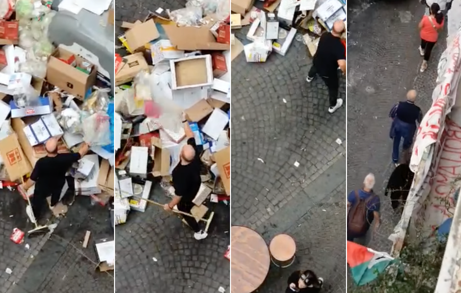 Riversa spazzatura in strada per parcheggiare