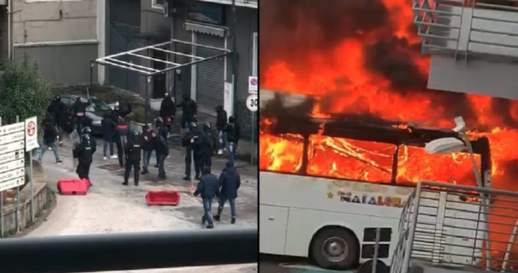 Scontro choc tra tifosi ultrà, pullman in fiamme: paura in strada