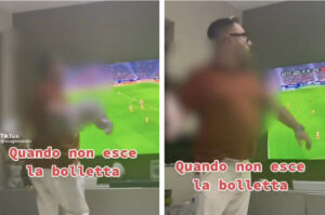 Finge di lanciare la figlia contro la televisione
